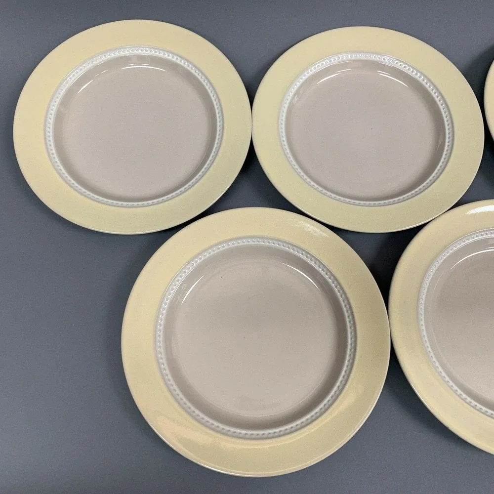 Mikasa Moon Glow Stone Craft Yellow Band Beaded Verge 8.25 Salad Plates Lot of 5